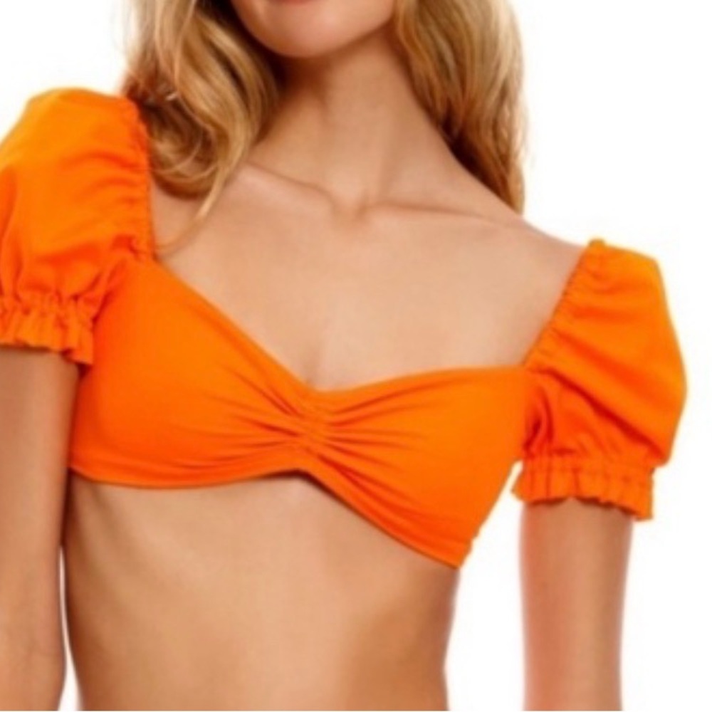 Agua Bendita Romina Luau Orange Puff Sleeve Crop Bikini Top sz S